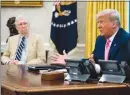  ?? DOUG MILLS / THE NEW YORK TIMES FILE (2020) ?? Then-president Donald Trump meets with Senate Majority Leader Mitch Mcconnell, R-KY., and others July 20, 2020, in the Oval Office. Trump on Tuesday made a slashing attack on Mcconnell, calling him a “dour, sullen, and unsmiling political hack” and arguing that the Republican Party would suffer losses in the future if he remained in charge.