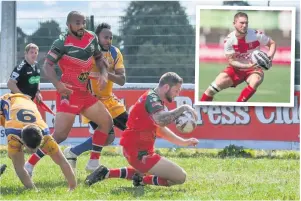  ?? Lewis Fairhurst crossing for North Wales Crusaders in victory over Hemel Stags in 2018 and (inset) Lewis in action for England Universiti­es ??