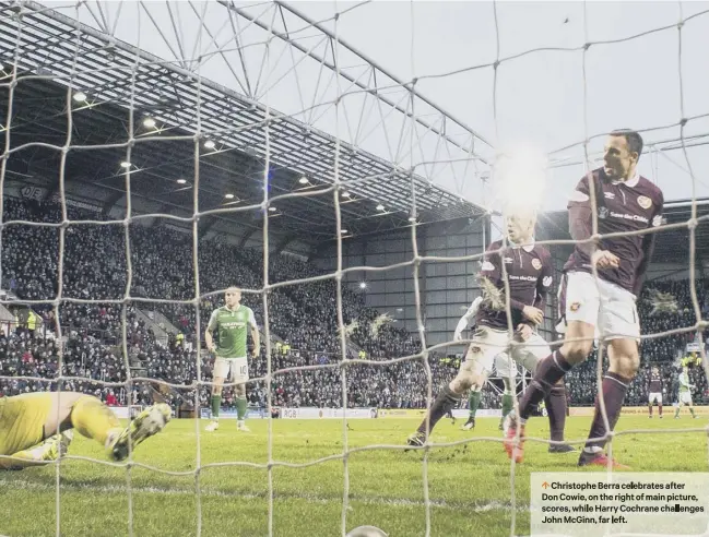  ??  ?? 0 Christophe Berra celebrates after Don Cowie, on the right of main picture, scores, while Harry Cochrane challenges John Mcginn, far left.