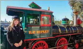  ?? COURTESY OF DISNEY ?? Disneyland Railroad lead and trainer Katie Wildrick with the restored E.P. Ripley steam engine. The E.P. Ripley steam engine was ridden by Walt Disney on opening day in 1955.