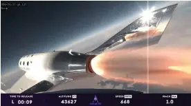  ?? ?? A still image taken from a video from Virgin Galactic shows the launch of Virgin Galactic’s private astronaut mission Galactic 02 on 10 August. Photograph: Virgin Galactic/AFP/Getty Images