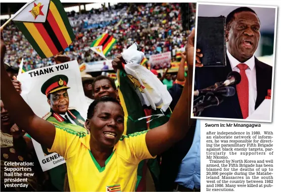  ??  ?? Celebratio­n: Supporters hail the new president yesterday Sworn in: Mr Mnangagwa