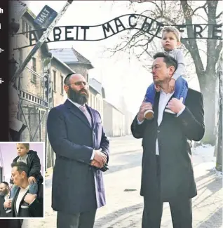  ?? ?? European Jewish Associatio­n Chairman Rabbi Menachem Margolin tours Auschwitz-Birkenau in Poland with Elon Musk and Elon’s son Techno Mechanicus on Monday. Musk has faced accusation­s of antisemiti­sm over pro-Nazi content on X.