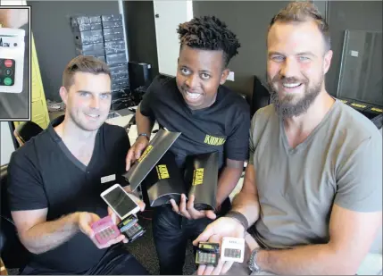  ?? PICTURES: COLLEEN DARDAGAN ?? From left, Matt Putman, Bheki Gumede and Ramsay Daly with the iKhokha payment devices, ready for shipment to entreprene­urs across South Africa. Inset: iKhokha mobile payment devices.