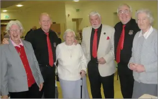  ??  ?? The three Cork members of the choir, Donal Lucey, Noel O’Mahoney and Timmy Goggin meet three MMM Sisters from the Rebel County, Sisters Helen Aherne, Anne Lucey & Kathleen Crowley.