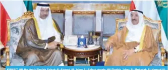  ??  ?? KUWAIT: HH the Amir Sheikh Sabah Al-Ahmad Al-Jaber Al-Sabah meets HH Sheikh Jaber Al-Mubarak Al-Hamad AlSabah after reappointi­ng him as prime minister yesterday. — KUNA