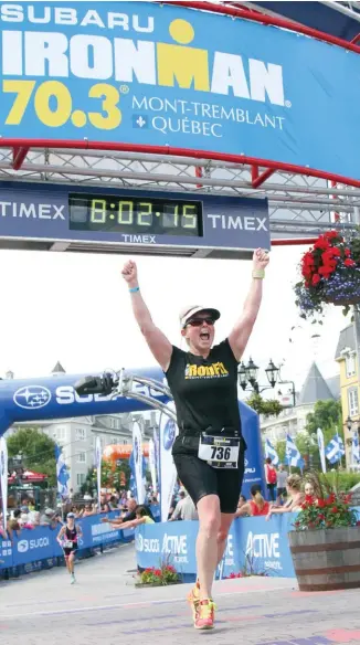  ??  ?? FAR LEFT Bergman crossing the finish line at the Ironman Mont-Tremblant 70.3