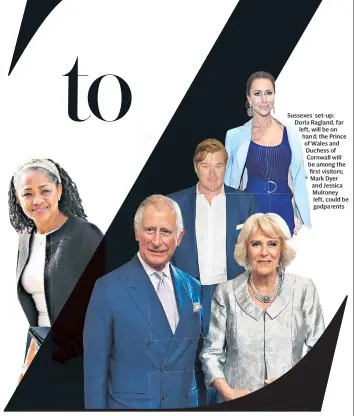  ??  ?? Sussexes’ set-up: Doria Ragland, far left, will be on hand; the Prince of Wales and Duchess of Cornwall will be among the first visitors; Mark Dyer and Jessica Mulroney left, could be godparents