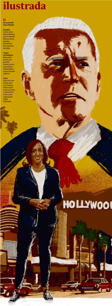  ?? Carolina Daffara/Folhapress ?? Ilustração de Joe Biden, no topo, e de Kamala Harris à frente do letreiro de Hollywood