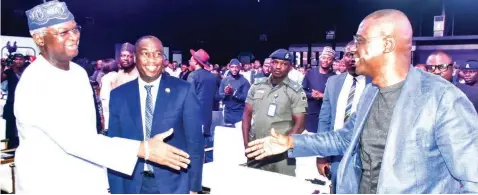  ?? ?? Former Minister of Works and Housing, Babatunde Fashola ( left); Lagos State Deputy Governor, Dr Obafemi Hamzat and Governor Babajide SanwoOlu, during the Lagos Leadership Summit... yesterday.