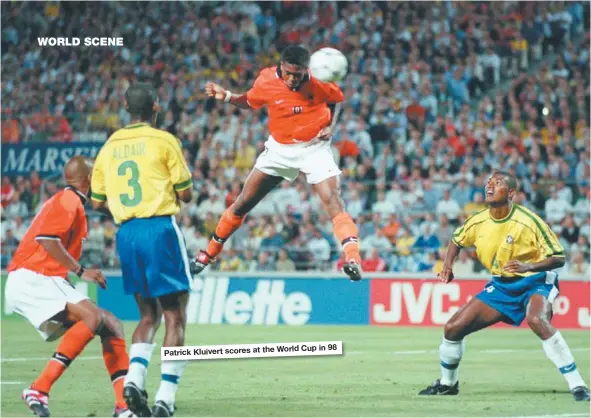  ??  ?? Patrick Kluivert scores at theWorld Cup in 98