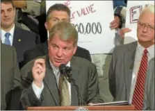  ?? DIGITAL FIRST MEDIA FILE PHOTO ?? State Sen. David Argall addresses the crowd at a rally in Harrisburg for the eliminatio­n of school property taxes.