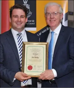  ?? Picture: ?? Noel Sharkey receives his award from Chairman of the Municipal District Cllr. John McGahon at the Municipal District of Dundalk Civic Awards Ceremony held in County Hall.