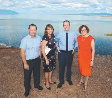  ?? POLITICAL CRUSADE: Labor candidate for the 2016 federal election Norm Jacobsen, Townsville Mayor Jenny Hill, Opposition Leader Bill Shorten and Cathy O'Toole at the Ross River Dam. Picture: KYM SMITH ??