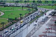  ?? — Photo by M. Sajjad ?? Traffic came to a standstill near the King Faisal Mosque in Sharjah on Monday morning.