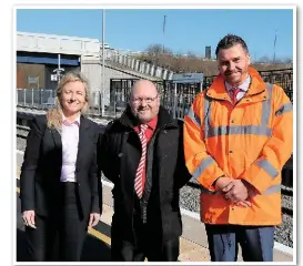  ?? DERBYSHIRE COUNTY COUNCIL. ?? Dionne Cox (Network Rail), Dean Collins (Derbyshire County Council) and Rob Burton (East Midlands Trains) check on the progress at Ilkeston station on March 9.