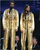  ??  ?? Co-hosts Josh Groban, left, and Sara Bareilles, perform Sia’s “Chandelier” on stage.