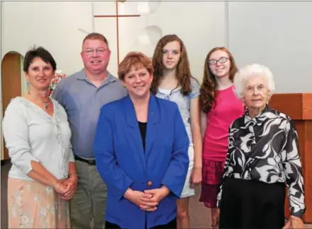  ?? COURTESY PHOTO ?? Paoli United Methodist Church welcomed its new pastor, the Rev. Alice M. Cook. Pictured here are Lynnette Cashman of West Chester, Steve Gothard of West Chester, Cook, Julia Quillen of West Chester, Emily Quillen of West Chester, Olive Lilley of Malvern.