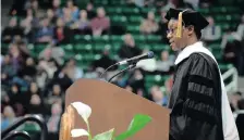  ??  ?? PROFESSOR Tawana Kupe addresses the Michigan State University graduation ceremony after he was awarded an honorary Doctorate of Humanities degree. | GL KOHUTH Michigan State University