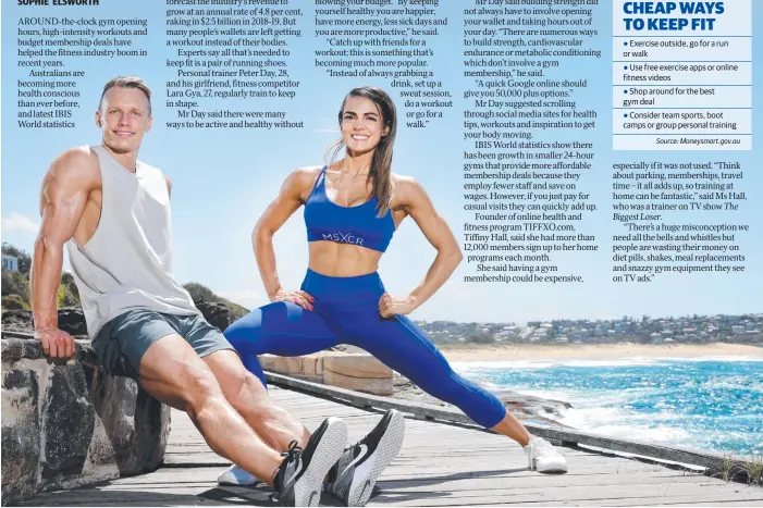  ??  ?? ON THE MOVE: Peter Day and partner Lara Gya know plenty of ways to keep fit without blowing the budget. Peter is a personal trainer and Lara a graduate in biomedicin­e. Picture: Jonathan Ng