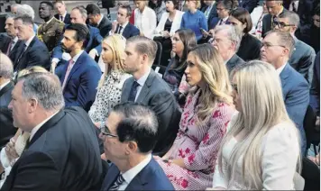  ?? Doug Mills / New York Times ?? Members of President Donald Trump’s family look on during a joint news conference with Prime Minister Theresa May in London on Tuesday. From left is Donald Trump Jr.; Ivanka Trump; Eric Trump; Lara Trump, Eric’s wife; and Tiffany Trump.