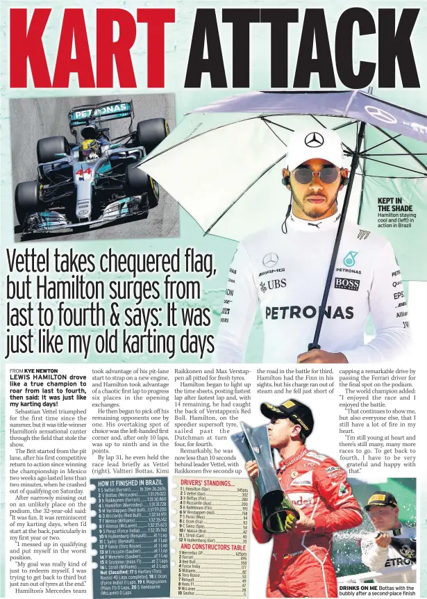  ??  ?? Hamilton staying cool and (left) in action in Brazil DRINKS ON ME Bottas with the bubbly after a second-place finish