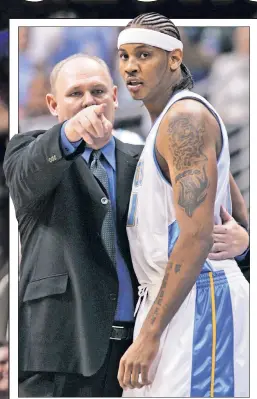  ??  ?? BAD IMPRESSION­S: In his new memoir, George Karl says Carmelo Anthony was unwilling to share the spotlight, play defense or lead during their time together in Denver from 2005-11 (above).