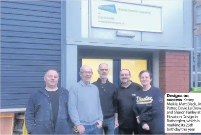  ??  ?? Designs on success Kenny Meikle, Matt Black, Jim Potter, Davie Le Drew and Sharon Fairley at Elevation Design in Rutherglen, which is marking its 25th birthday this year