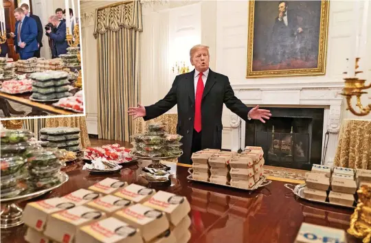  ??  ?? Feast: Donald Trump in the State Dining Room at the White House yesterday, overlooked by a portrait of Abraham Lincoln