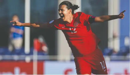  ?? CANADA SOCCER BY MEXSPORT ?? Christine Sinclair celebrates after scoring against St. Kitts and Nevis seven minutes into Wednesday’s Olympic qualifier.