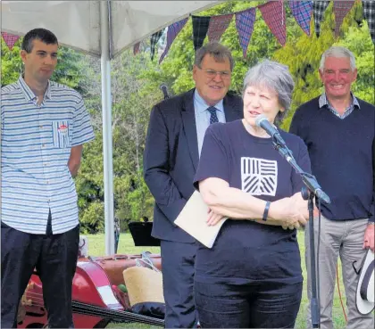  ?? Photos / Bethany Rolston ?? Helen Clark speaks at the Pirongia Forest Park Lodge 30th celebratio­ns. She is pictured with Te Pahu¯ School Principal Andrew Chesswas (left), lodge vice patron and Waipa¯ major Jim Mylchreest (centre) and lodge trustee and Waikato Regional Council chair Alan Livingston.