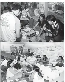  ??  ?? Globe employee volunteers troop to Gawad Kalinga (top) and the Department of Social Welfare and Developmen­t (bottom) repacking stations to prepare relief goods for distributi­on.