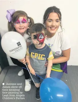  ?? Jasmine and James show off their amazing face painting by Leah from Angels Children’s Parties
Paw Patrol, left, and Kevin the Clow, far left, with his magical performanc­e ??