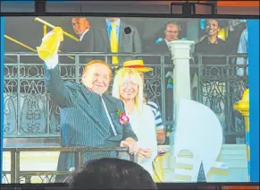  ?? John Katsilomet­es Las Vegas Review-journal @Johnnykats ?? A photo of Sheldon and Dr. Miriam Adelson is shown during a video tribute during the Adelson Education Campus Game Changers gala at Wynn Las Vegas’s Lafite Ballroom on Saturday.