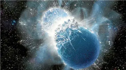  ?? DANA BERRY, SKYWORKS DIGITAL ?? This artist’s conception portrays two neutron stars at the moment of collision.