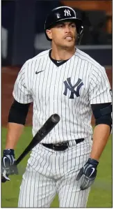  ?? (AP/Frank Franklin II) ?? Giancarlo Stanton of the New York Yankees reacts after striking out during Friday’s game against the Tampa Bay Rays. The Yankees are off to a 5-10 start, the franchise’s worst in 24 years.