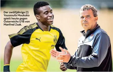  ??  ?? Der zwölfjähri­ge (!) Youssoufa Moukoko spielt heute gegen Österreich­s U16 von Manfred Zsak.