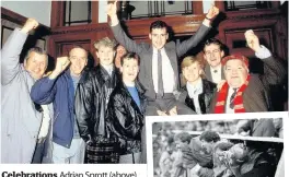  ??  ?? Celebratio­ns Adrian Sprott (above) is lifted by fans outside Ibrox, Lambie celebrates his goal in the dugout (right) and the former boss today (below)