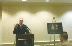  ?? (Ron Kampeas) ?? JARED TAYLOR, editor of the American Renaissanc­e online magazine, addresses a news conference on the alt-right in Washington, DC, last Friday, while Richard Spencer looks on.