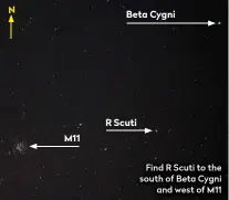  ??  ?? N
M11
Beta Cygni
R Scuti
Find R Scuti to the south of Beta Cygni and west of M11