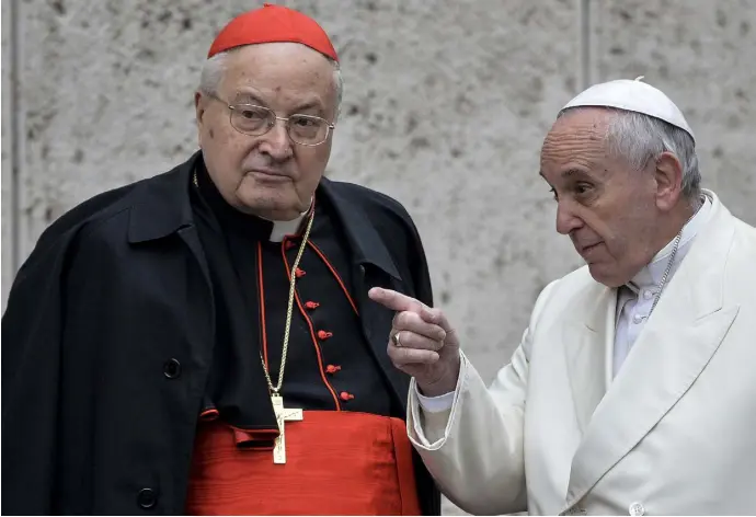  ??  ?? CONTROVERS­Y: Pope Francis with Cardinal Angelo Sodano, who tried to negotiate an agreement with the Irish State in 2003 and 2004 for Church indemnity over sex-abuse legal actions