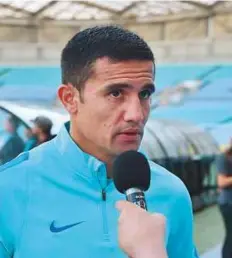  ?? AFP ?? Australia’s Tim Cahill talks to a TV reporter at the ANZ Stadium in Sydney yesterday. Australia will play Honduras in their final World Cup qualifying game tomorrow.