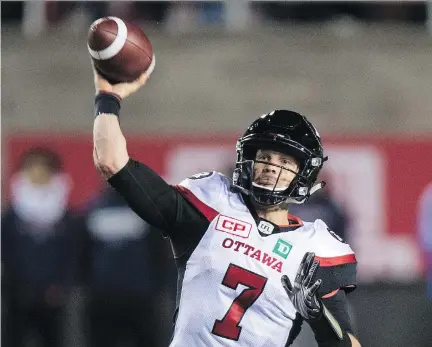  ?? THE CANADIAN PRESS/PAUL CHIASSON ?? Even during a 1-6-1 season start, Redblacks quarterbac­k Trevor Harris says he and his teammates never lost their belief in each other. Now they’re risen to the top of the CFL East Division, thanks to the current three-game winning streak.