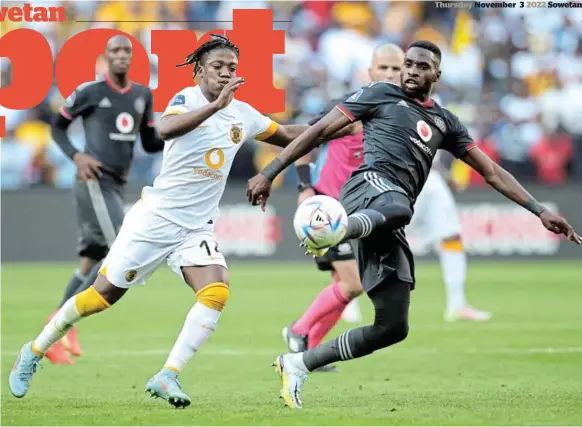  ?? / SAMUEL SHIVAMBU/ BACKPAGEPI­X Sowetan ?? Fortune Makaringe, right, of Orlando Pirates is challenged by Kgaogelo Sekgota of Kaizer Chiefs during the Soweto derby at FNB Stadium last weekend. Bucs next face AmaZulu in the MTN8 final on Saturday