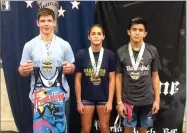  ?? CONTRIBUTE­D PHOTO ?? Team M’s top finisher’s from the highly competitiv­e Las Vegas’ Freakshow tournament. From left to right: Mark Cardwell (170 pounds) placed first in the high school elite division, Jose Flores (137) took second in the 15u division and Charlotte...