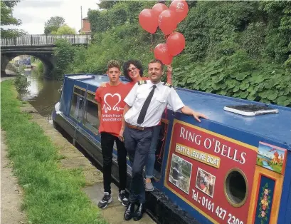  ??  ?? Jeanette Zaman-Browne with her son Rocco and Nick Hyde, captain of The Ring O’Bells boat in Marple, where Jeanette organised a cruise to raise money for Cardiac Risk in the Young