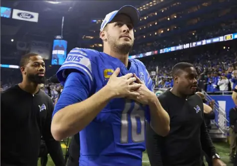  ?? Rick Ostentoski/Associated Press ?? Jared Goff expresses his appreciati­on to Detroit fans after the Lions defeated Tampa Bay a week ago.