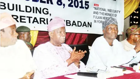  ?? Photo: NAN ?? From left: Deputy Governor of Oyo State, Otunba Moses Alake-Adeyemi; Chairman of the occasion, retired Gen. Adeyinka Adebayo, and Chairman, planning committee of the summit, Dr Kunle Olajide, at the Yoruba summit on national insecurity and the menace...