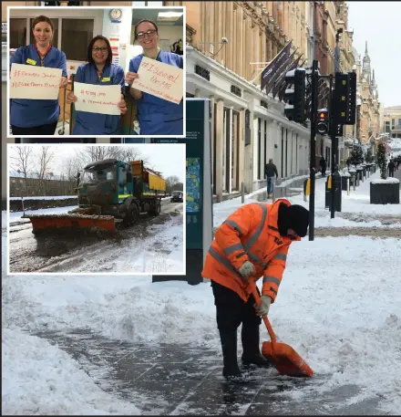  ??  ?? SPT staff clear the path outside St Enoch undergroun­d station, while above top left, NHS staff work round the clock,