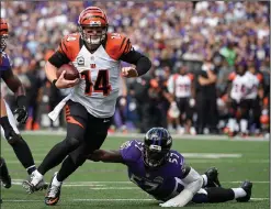  ??  ?? Cincinnati Bengals quarterbac­k Andy Dalton breaks a tackle by Baltimore Ravens inside linebacker C.J. Mosley as he runs for a touchdown.